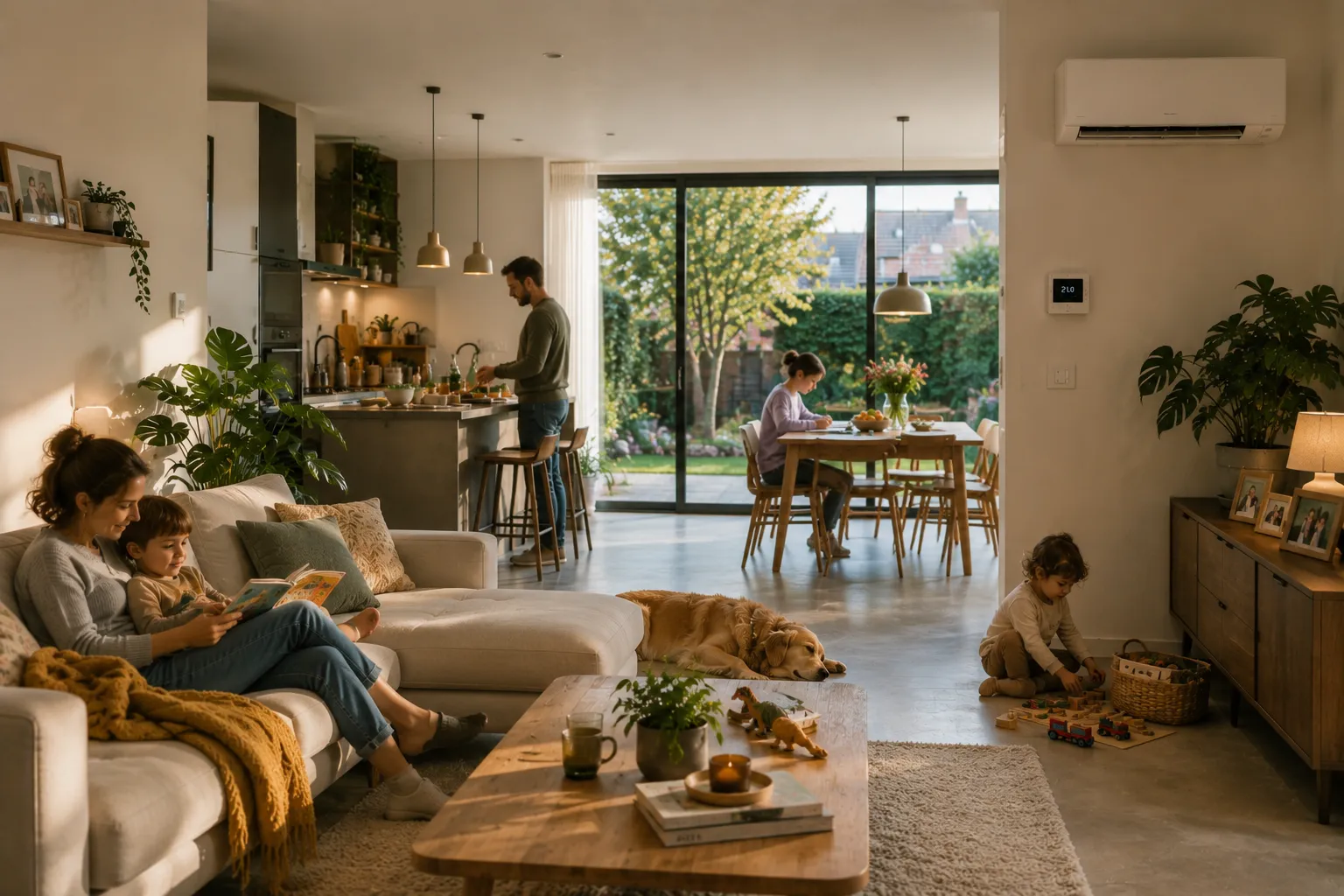 A family relaxing in a bright open-plan living room with a wall-mounted air conditioning unit and a thermostat on the wall.