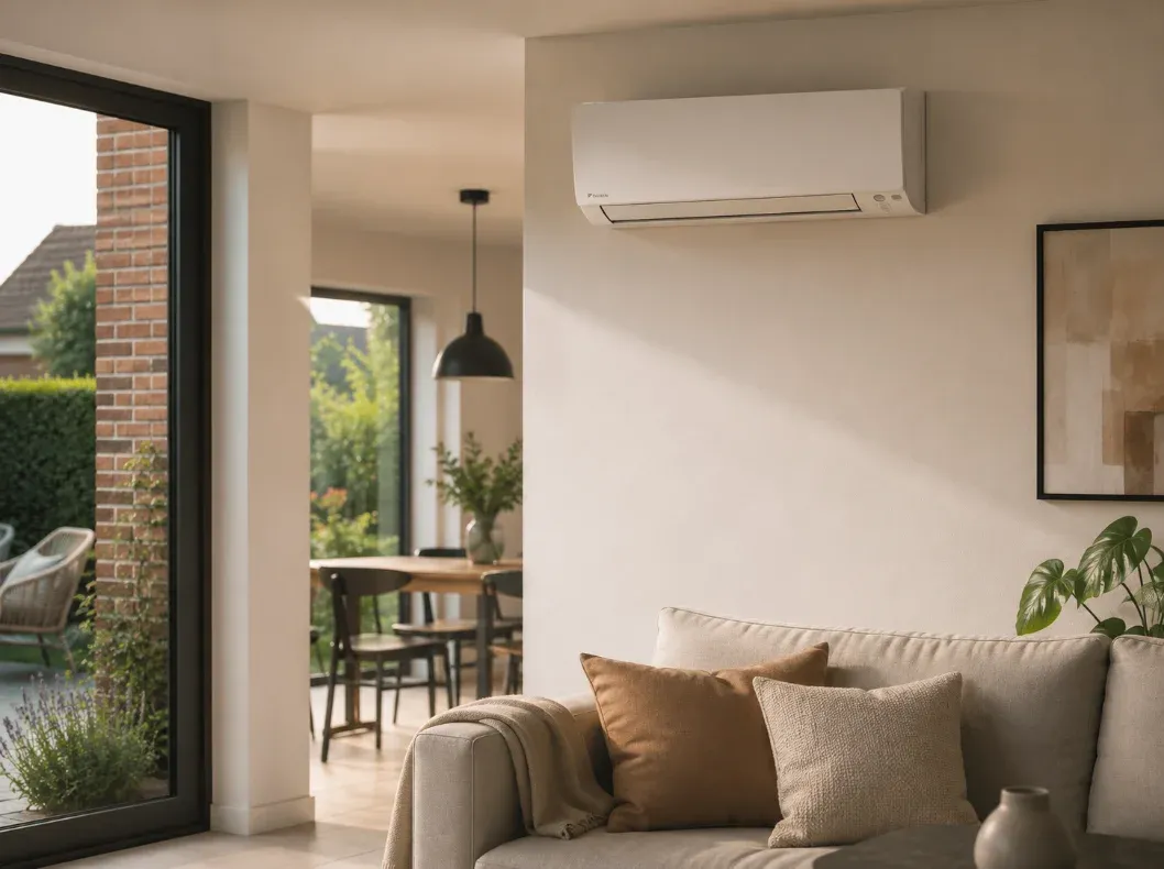 A wall-mounted air conditioning unit above a seating area in a bright living room overlooking the garden.