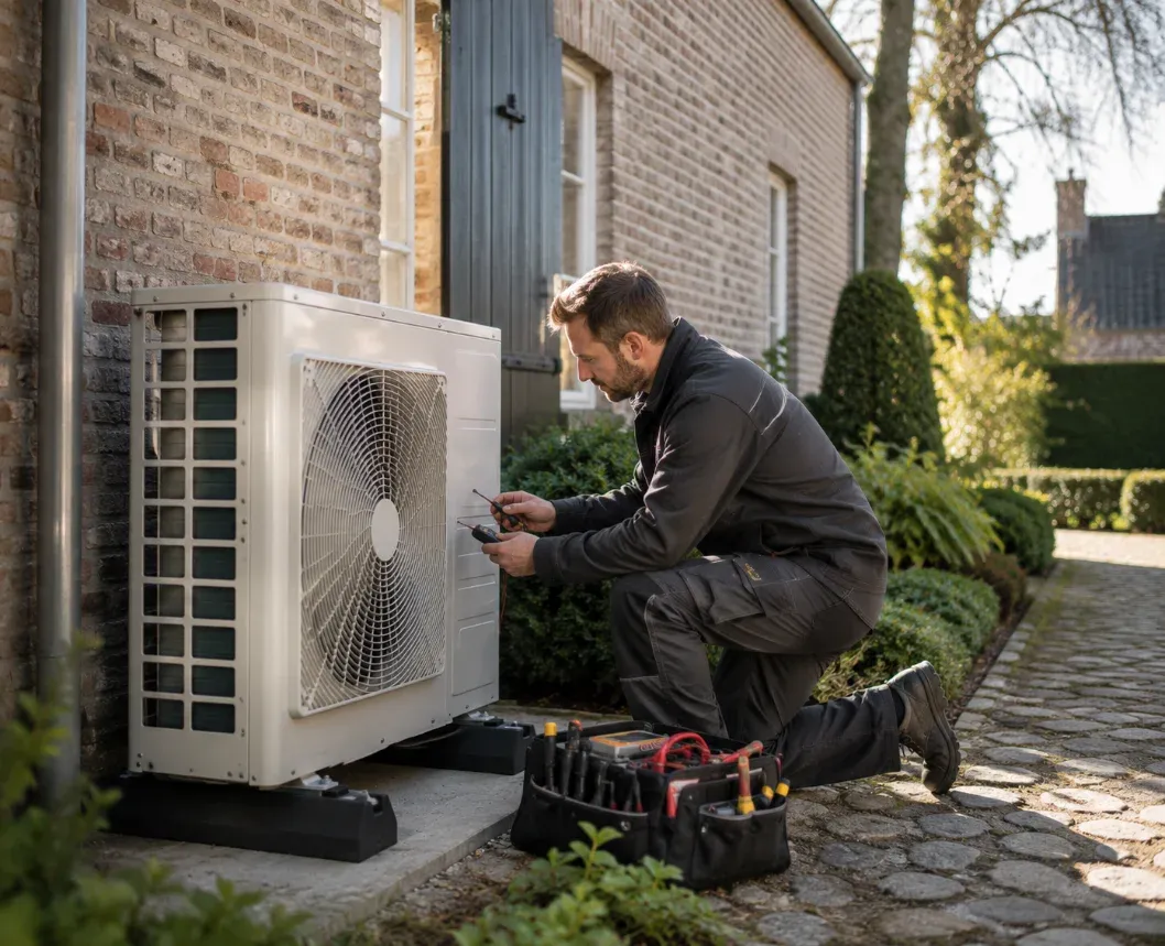 A technician adjusting an outdoor heat pump unit against the brick façade of a Belgian home.