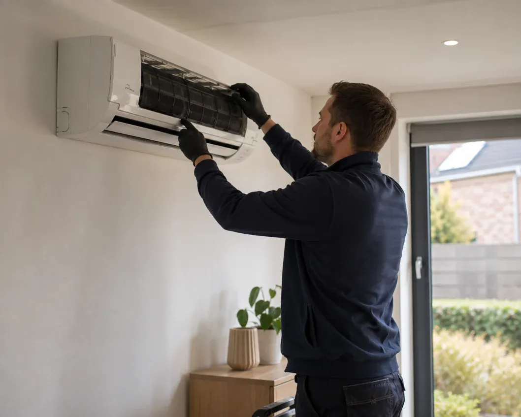A technician replacing the filter of a wall-mounted air conditioning unit during a service visit.